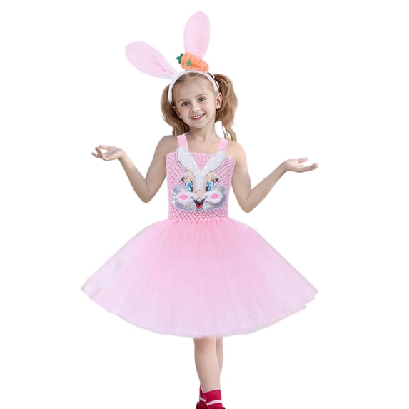 DGMIOCS Girls' Easter Bunny Tutu Dress - Sequin Bunny Applique with Rabbit Ears Headband Pink 3-4 Years