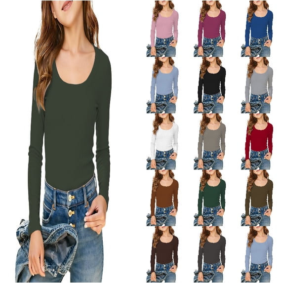 DGMIOCS Girls Long Sleeve Scoop Neck Ribbed Knit Fitted Casual Tops Tee Slim Basic Shirts Size: 13-14 Years Army Green