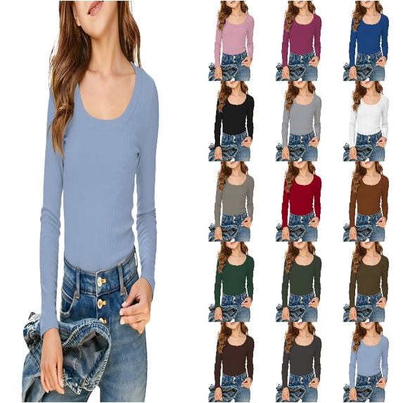 DGMIOCS Girls Long Sleeve Scoop Neck Ribbed Knit Fitted Casual Tops Tee Slim Basic Shirts Size: 5-6 Years Light Blue