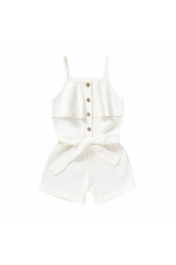 Girls' Ribbed Romper - Sleeveless Ruffle Jumpsuit with Belt & Rolled White 6-12 Months