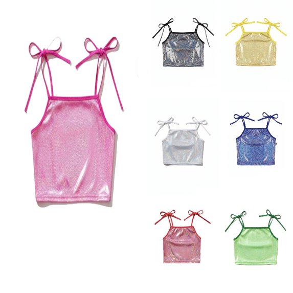 DGMIOCS Girls Sequin Tank Tops Kids Sleeveless Spaghetti Strap Crop Cami Camisole Sparkly Dance Blouse Metallic Performance Dancewear Size: 14-15 Years Hot Pink