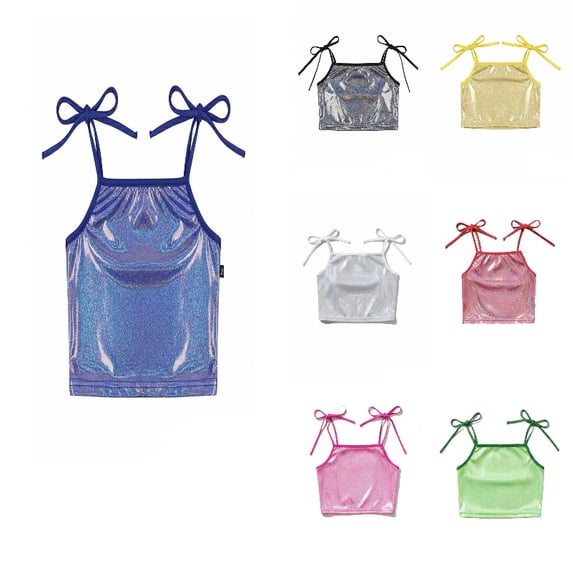 DGMIOCS Girls Sequin Tank Tops Kids Sleeveless Spaghetti Strap Crop Cami Camisole Sparkly Dance Blouse Metallic Performance Dancewear Size: 3-4 Years Blue