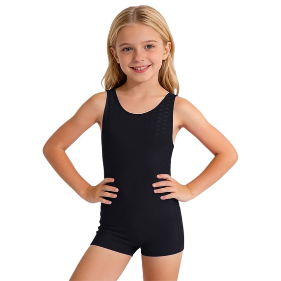 DGMIOCS Girls' Boyleg One Piece Swimsuit - Sleeveless Racerback Bathing Suit with Scale Texture Black 10-12