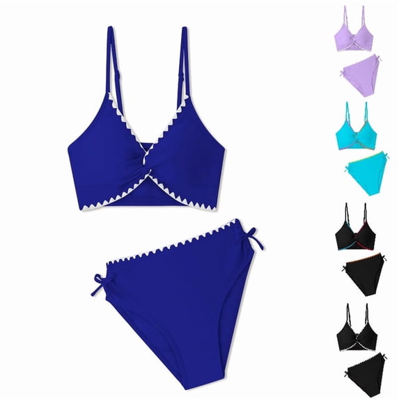 DGMIOCS Girls Swimsuits Twist V Neck Drawstring Cute Girls Bikini Swim Two Piece Sets with Chest Pad Size: 13-14 Years Blue