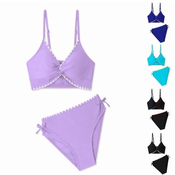 DGMIOCS Girls Swimsuits Twist V Neck Drawstring Cute Girls Bikini Swim Two Piece Sets with Chest Pad Size: 13-14 Years Purple