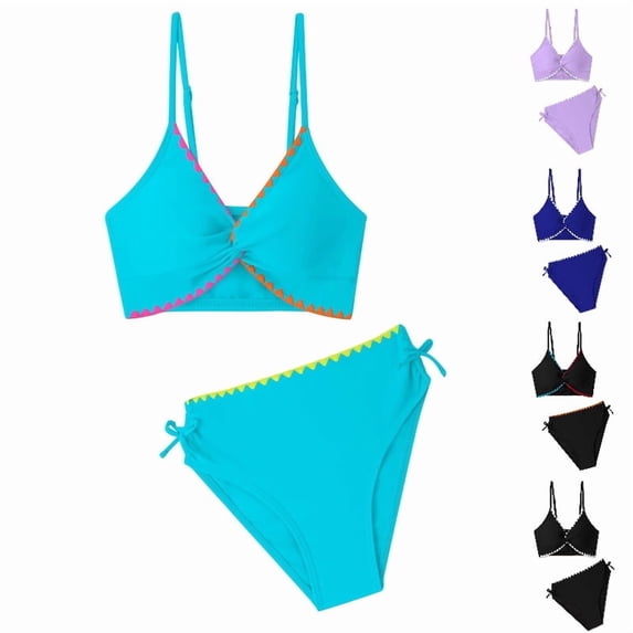DGMIOCS Girls Swimsuits Twist V Neck Drawstring Cute Girls Bikini Swim Two Piece Sets with Chest Pad Size: 9-10 Years Sky Blue