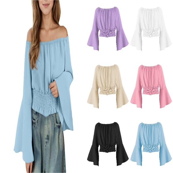 DGMIOCS Girls Vintage Court Shirts Off the Shoulder Flare Sleeve Crop Tops Tween Renaissance Elegant Tunic Blouse Size: 7Years Blue