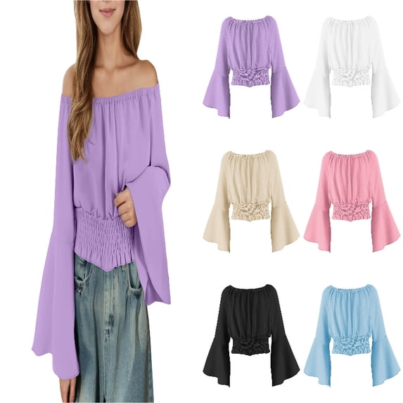 DGMIOCS Girls Vintage Court Shirts Off the Shoulder Flare Sleeve Crop Tops Tween Renaissance Elegant Tunic Blouse Size: 7Years Purple