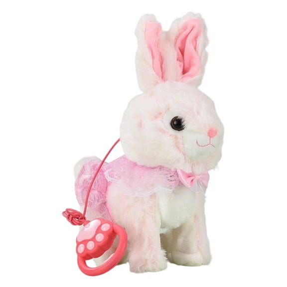 DGMIOCS Interactive Walking Gray Bunny Stuffed Plush Toy, Lace Dress Rabbit Doll with Pull Ring for Kids Play Gift Home Decor