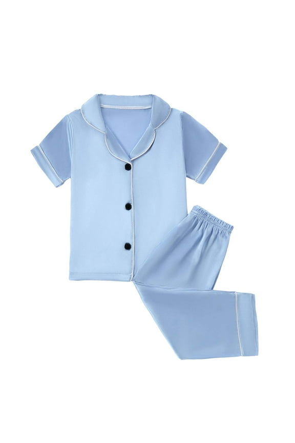 Kids 2-Piece Paj Set,Toddler Short Sleeve Lapel Paj,Girls Boys Long Pants Sleepwear Light Blue 18-24 Months