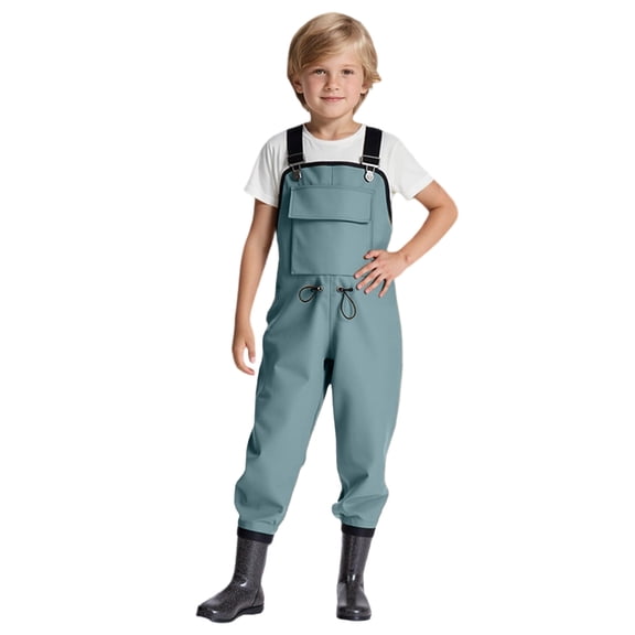 DGMIOCS Kids Waterproof Waders Adjustable Strap Bibs with Front Pocket & Drawstring Grey 3-3.5years