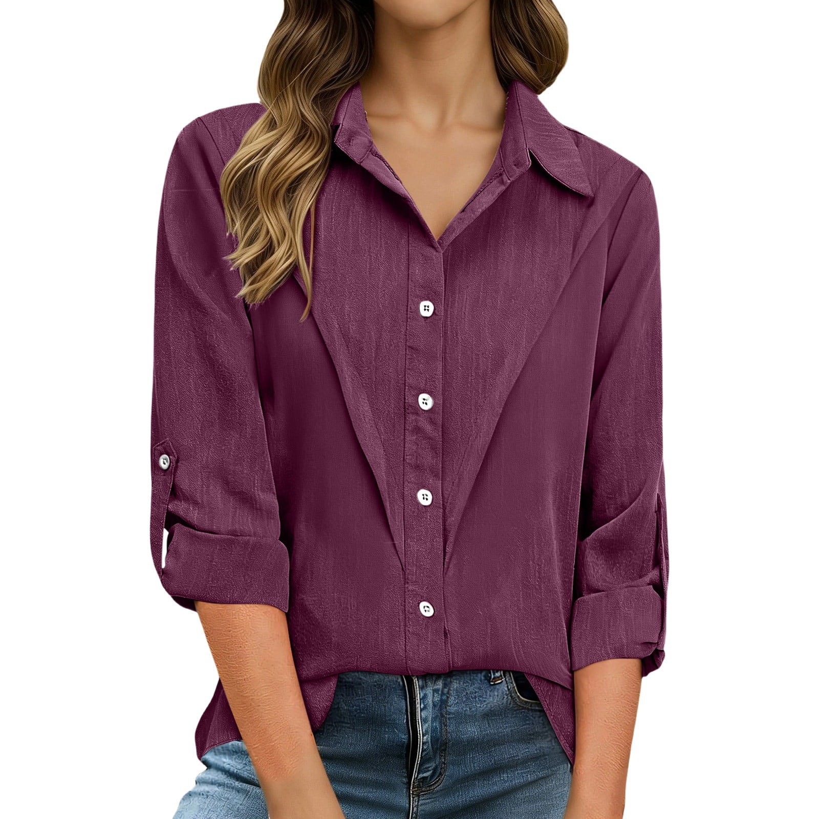 DGMIOCS Linen Blouse for Women, Solid Plus Size Long Sleeve Button Down ...