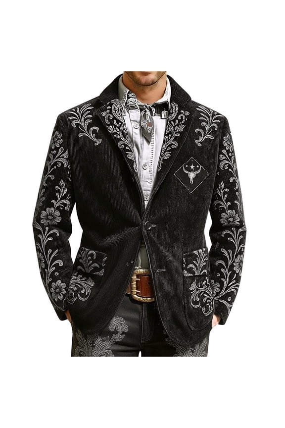 Men's Corduroy Western Print Blazer Vintage Single Button Coat Long Sleeve Jacket with Pockets Black L