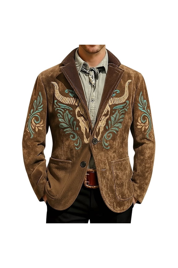 Men's Corduroy Western Print Blazer Vintage Single Button Coat Long Sleeve Jacket with Pockets Brown L