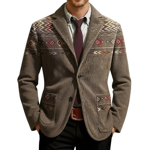 DGMIOCS Men's Corduroy Western Print Blazer Vintage Single Button Coat Long Sleeve Jacket with Pockets Khaki M