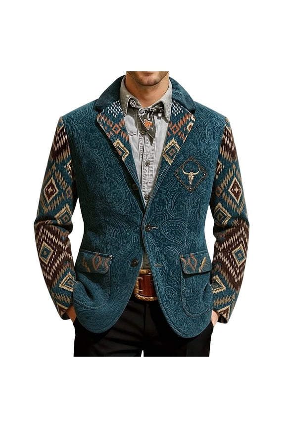 Men's Corduroy Western Print Blazer Vintage Single Button Coat Long Sleeve Jacket with Pockets Navy M