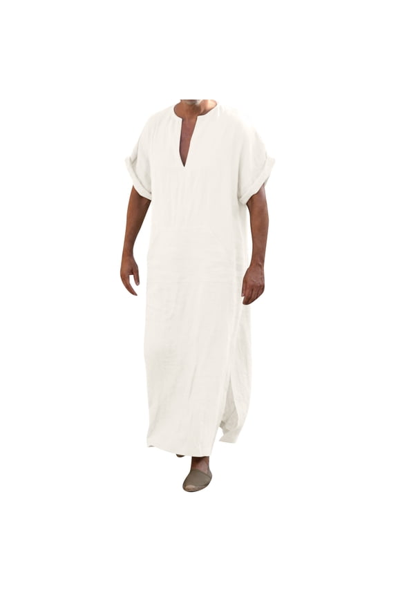 Mens Short Sleeve V-Neck Linen Robe Big and Tall Robe Casual Loose Lightweight Long Sleeping Gown Size: L White