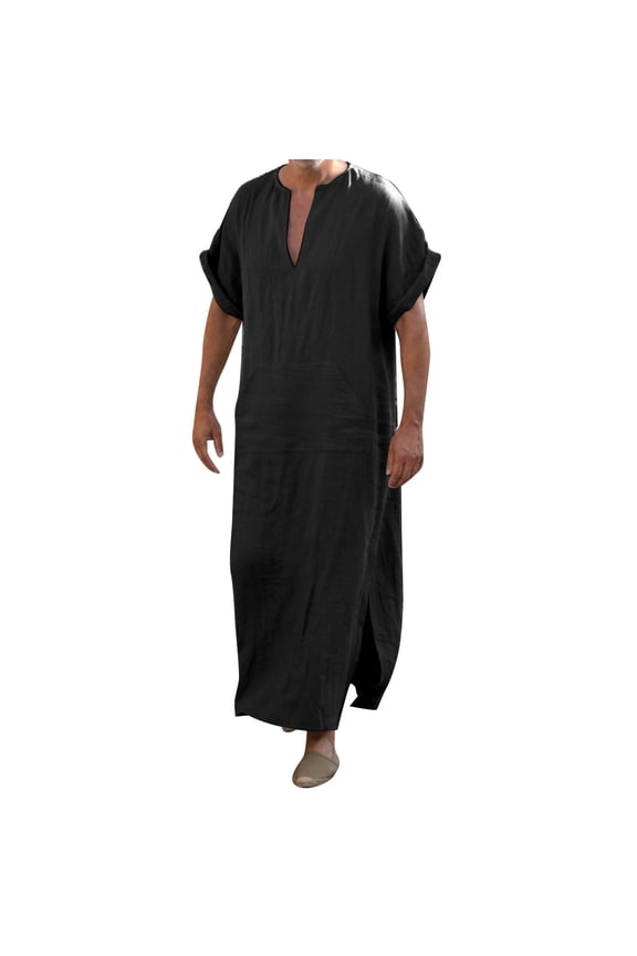 Mens Short Sleeve V-Neck Linen Robe Big and Tall Robe Casual Loose Lightweight Long Sleeping Gown Size: XXL Black