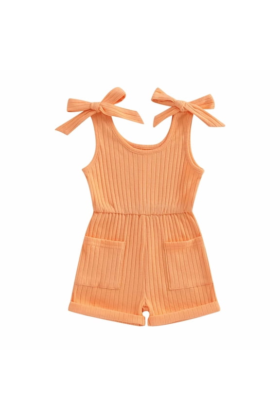 Soft Ribbed Knit Girls' Romper Sleeveless Jumpsuit with Bow Straps for All-Day Comfort Orange 3-4 Years