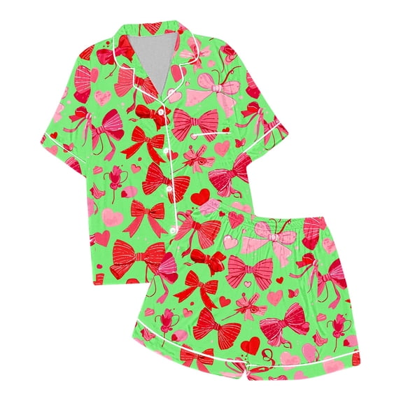 DGMIOCS Toddler & Big Girls Bow Print Paj Set 2Pcs Short Sleeve Loungewear 2-13Years Green 12-13 Years