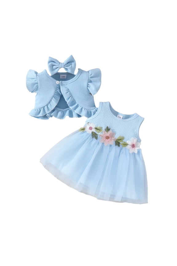 Toddler Girl 3-Piece Set,Flower Tulle Dress Set,Sleeveless Cropped Jacket,Floral Tulle Dress,Toddler Girl Headband Set Blue 3-6 Months