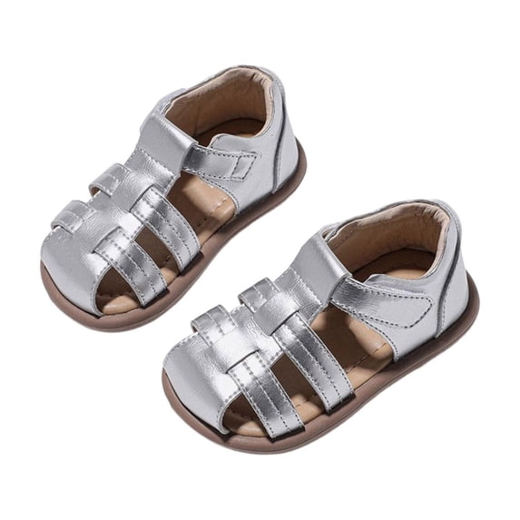 DGMIOCS Toddler Girl Sandals, Breathable Leather kids Closed Toe Sandals, Soft Rubber Non-Slip Summer Shoes for Little Girls Silver 6-9 Months