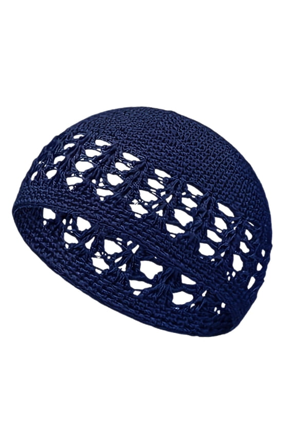 Women Mens Cotton Crochet Skull Cap Handmade Knit Cutout Floral Beanie Hat Size: One Size Navy