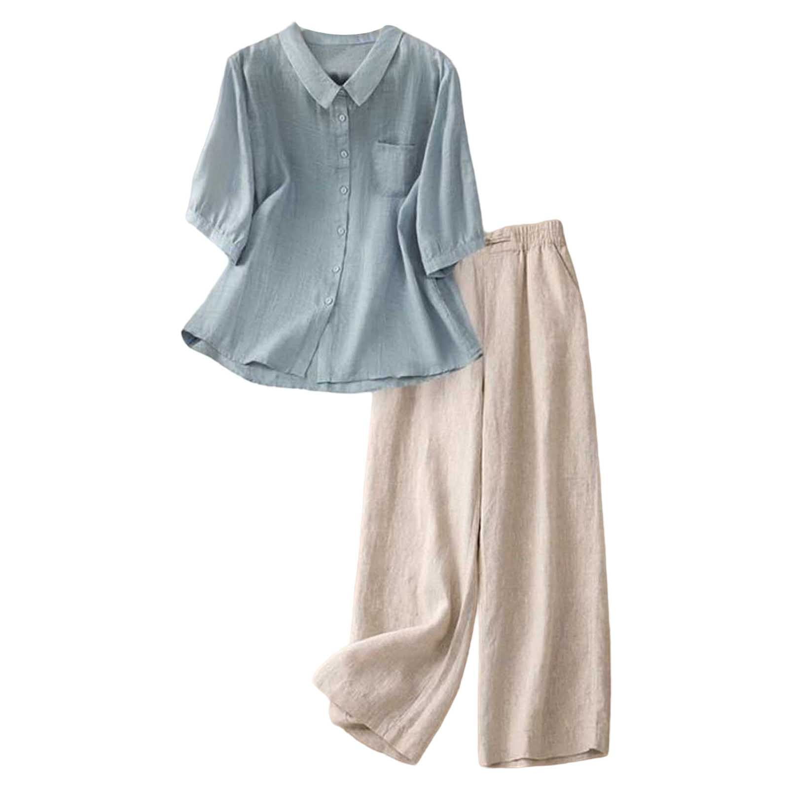 DGMIOCS Women's 2-Piece Linen Outfit Button Down Shirt & Wide Leg Pants ...