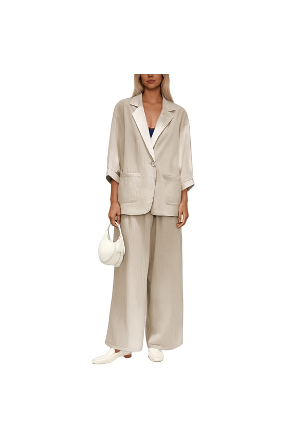Women's 2-Piece Linen Suit Textured Blazer & Drawstring Wide Leg Pants Beige S
