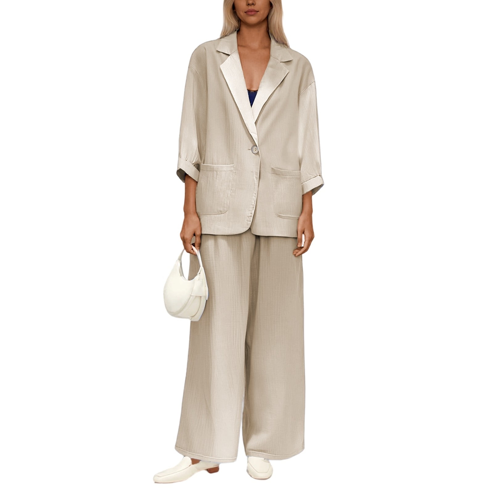 DGMIOCS Women's 2-Piece Linen Suit Textured Blazer & Drawstring Wide ...