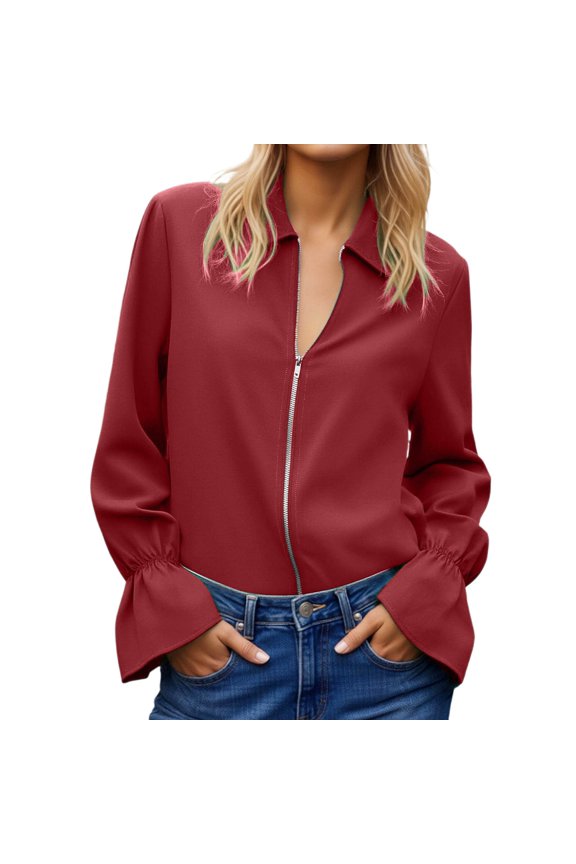 Women's 2026 Trendy Chiffon Blouse - Zip Front Collared Flare Sleeve Top XXL