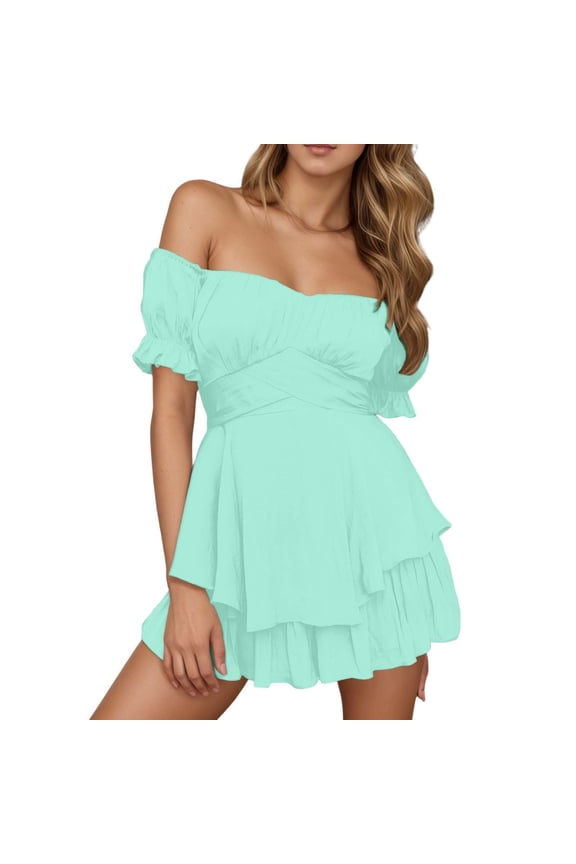Women's A Line Dress for Women with Off Shoulder Neckline and Patchwork Pattern for Casual Everyday Occasions Mint Green M