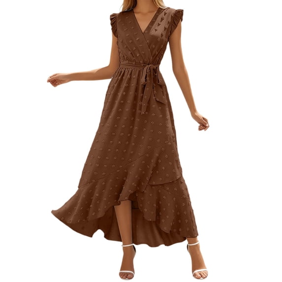 DGMIOCS Women’s Bohemian Flowing Summer Dress for Daily Casual and with V Neck and Ruffle Sleeve Lightweight Maxi Dress Brown XXL