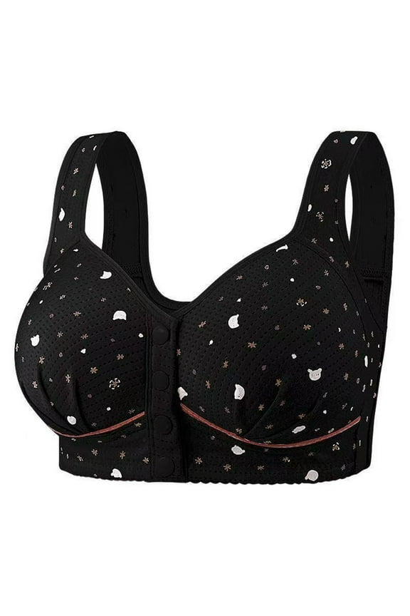 Women's Breathable Mesh Bra Star Print Front Button Wireless Comfort Bra Black F