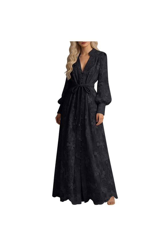 Women’s Dress With Embroidery Waist and Sleeves Flowy Maxi Length for Daily and Wear Black L