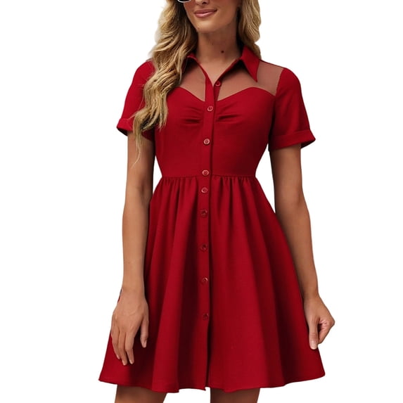 DGMIOCS Women's Dress with Stand Collar and Lace Trim Versatile Daily Wear for Summer and Red L