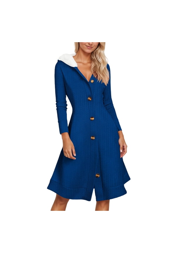 Women’s Hooded Knit Cardigan Dress for Everyday and Travel Cozy Winter Loungewear with and Soft Duster Tunic Blue XL