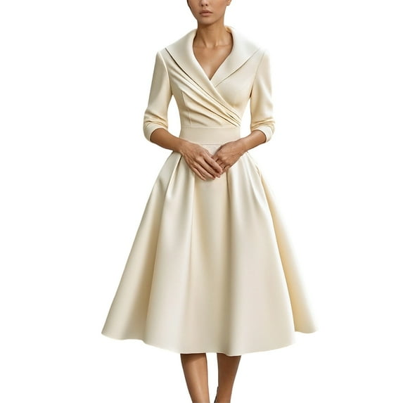 DGMIOCS Women's Midi Dress with Long Sleeves and Waist Cinching for Everyday and Party Wear Versatile Sophisticated White L