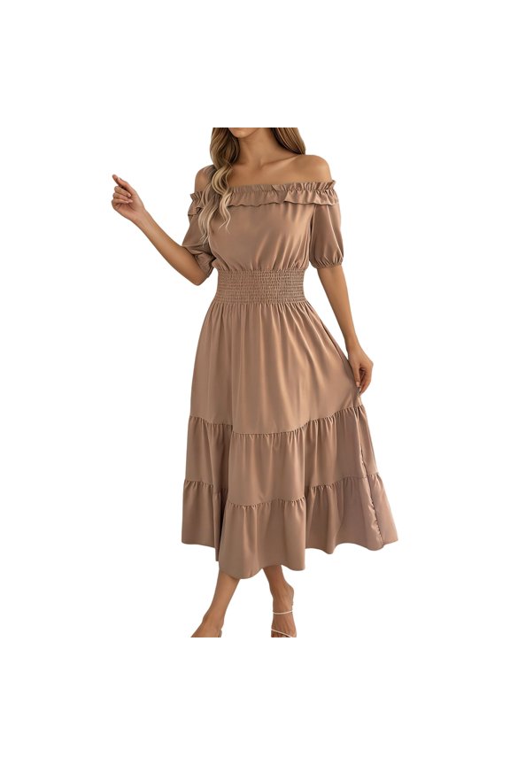 Womenās Off Shoulder Dress with Ruffle Sleeves Smocked Waist Flowy Midi Everyday Wear for Spring and Fall Womenās Casual Apparel Khaki L