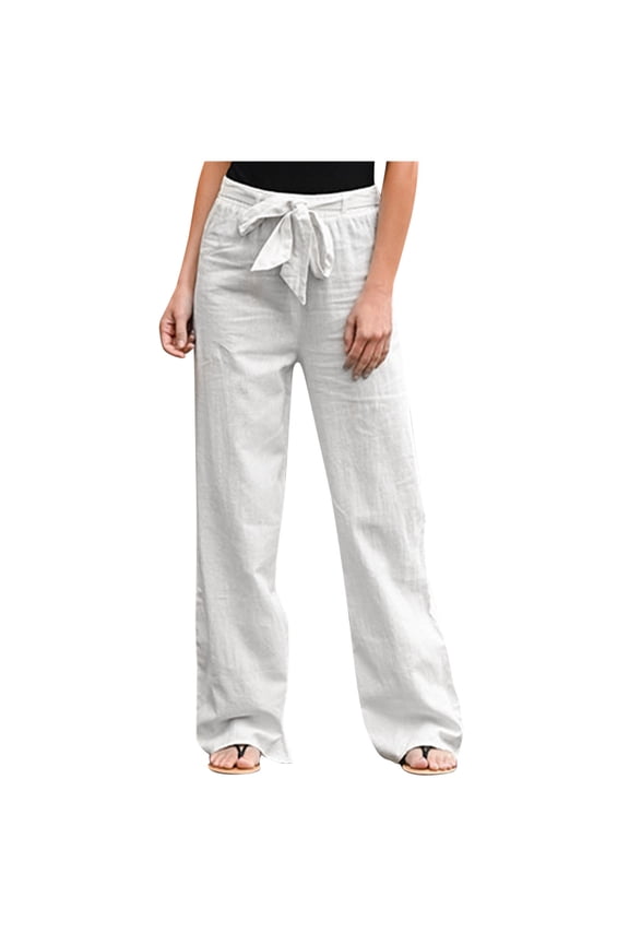 Women's Plus Size Cotton Linen Pants Moisture Wicking Pants Wide Leg Trousers Solid Color Beige L