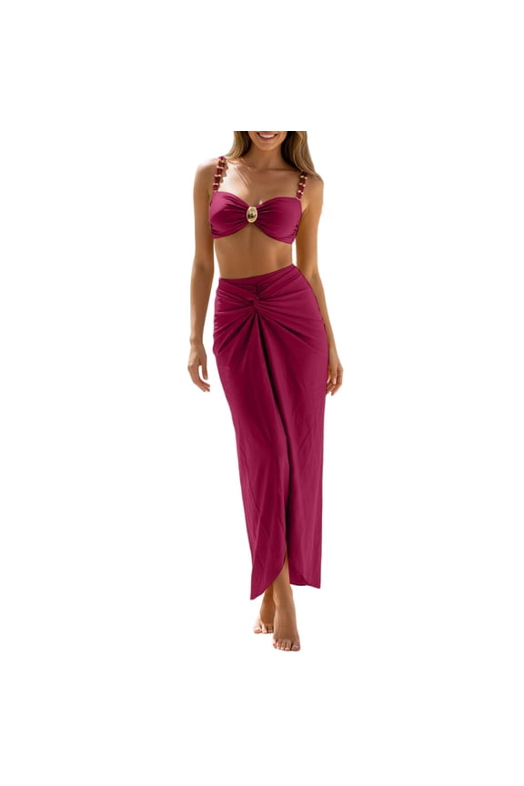 Women's Resort-Ready Swimwear Set for Summer Comfort with High Waist Tankini Bottom and Skirt Cover Up Three-Piece Bathing Ensemble for Holidays RD1 S