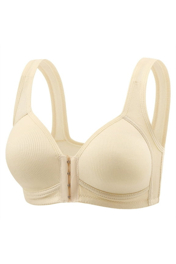 Women's Ribbed Front Closure Bra - Wireless Deep V Push-Up Comfort Bra Beige XL
