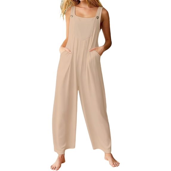 DGMIOCS Women's Solid Color Sleeveless Wide Leg Overalls with Pockets Loose Fit Jumpsuit Khaki XXL
