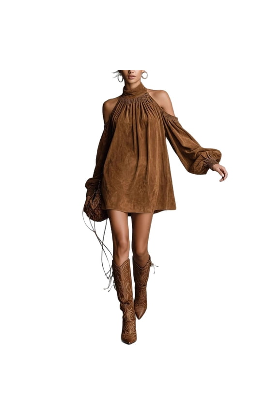 Women's Suede Halter Top - Brown Cold Shoulder Puff Sleeve Neck Boho Casual Blouse Brown M