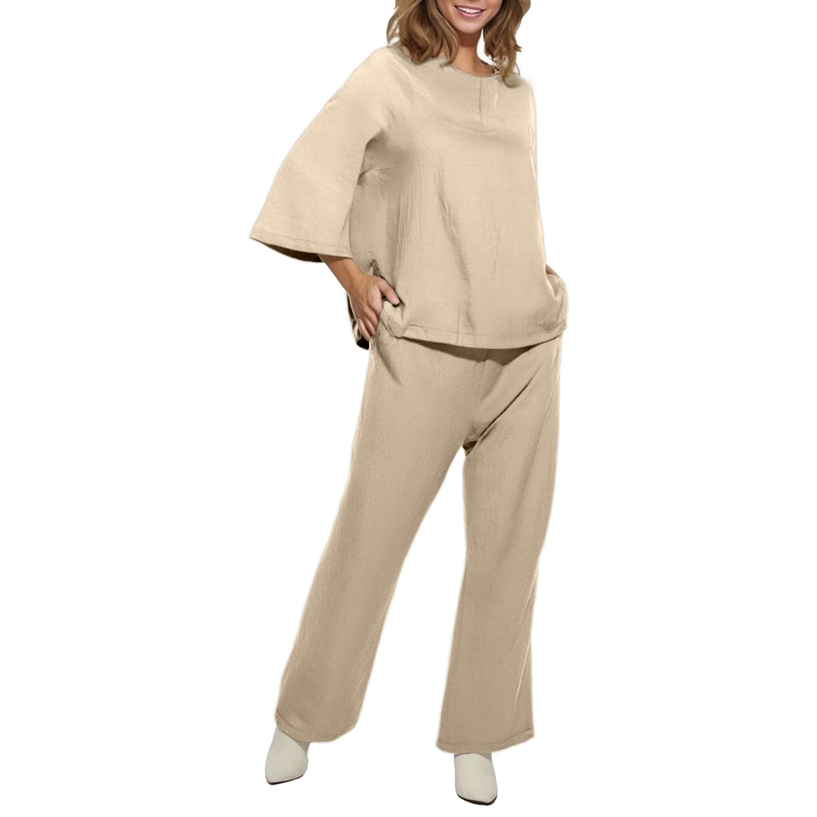 DGMIOCS Women's Textured 2-Piece Set - Flare Sleeve Henley Top & Wide ...