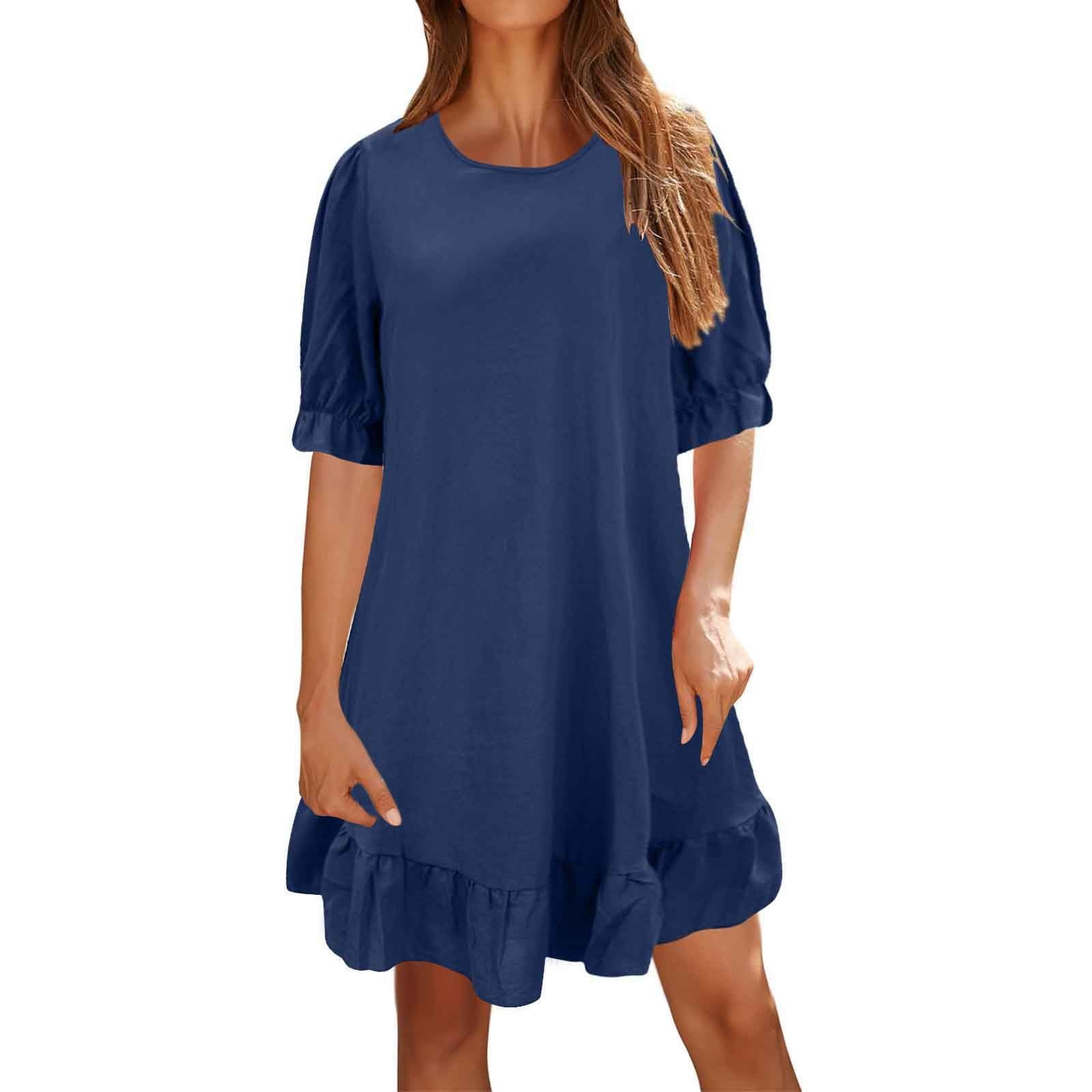 DGMIOCS Women's Travel Dress Polyester Modest Swing Dress Dark Blue XXL ...
