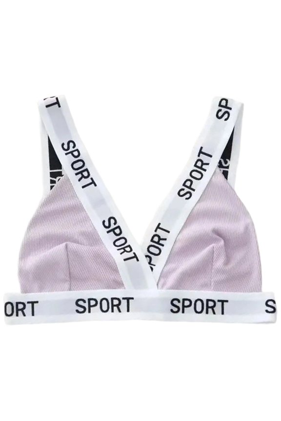 Women's Trendy SPORT Strap Bralette Ribbed V-Neck Wireless Bra Purple L