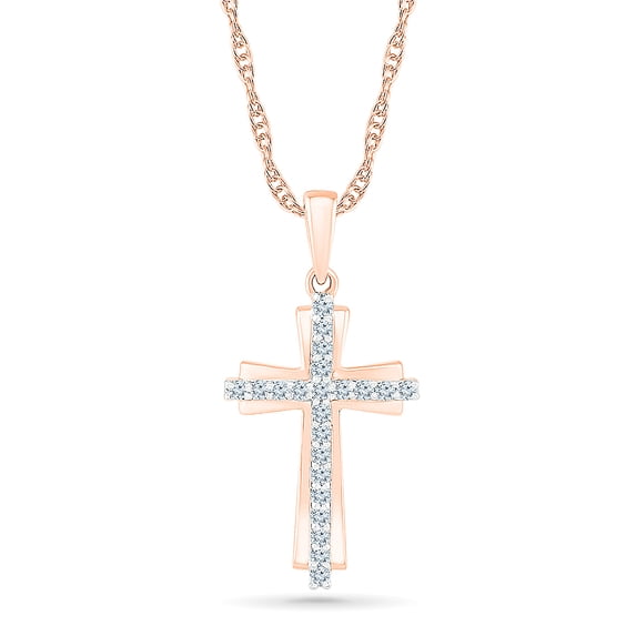 DGOLD 10kt Rose Gold Round White Diamond Cross Pendant for women (1/6 cttw)