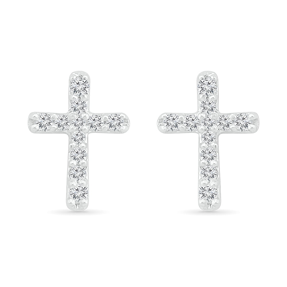 DGOLD Sterling Silver Round Diamond Cross Stud Earrings for women (1/10 cttw)