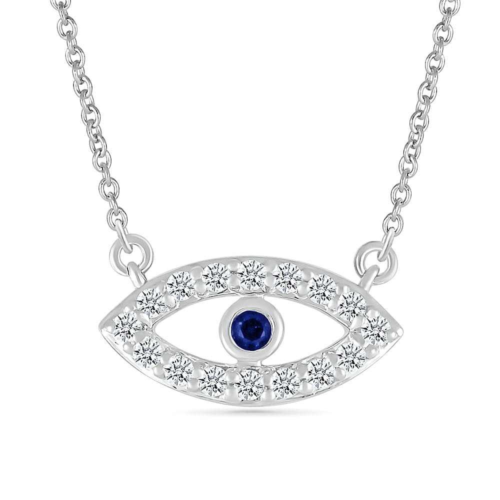 DGOLD Sterling Silver Round White and Blue Diamond Evil Eye Necklace for Women (1/10 cttw)